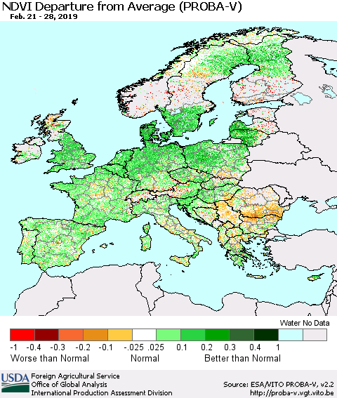 Europe NDVI Departure from Average (PROBA-V) Thematic Map For 2/21/2019 - 2/28/2019
