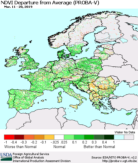 Europe NDVI Departure from Average (PROBA-V) Thematic Map For 3/11/2019 - 3/20/2019