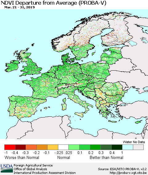 Europe NDVI Departure from Average (PROBA-V) Thematic Map For 3/21/2019 - 3/31/2019