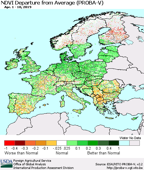 Europe NDVI Departure from Average (PROBA-V) Thematic Map For 4/1/2019 - 4/10/2019