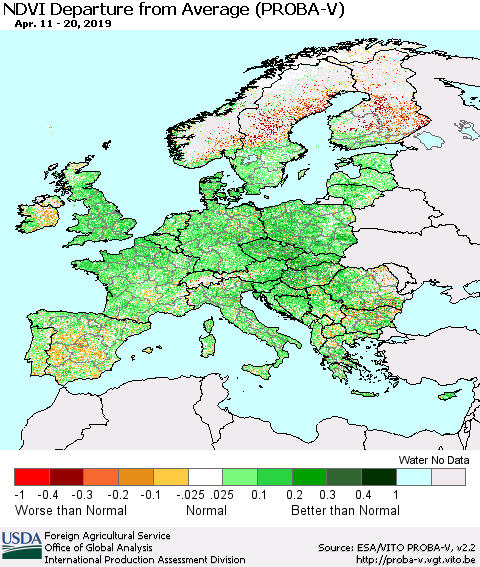 Europe NDVI Departure from Average (PROBA-V) Thematic Map For 4/11/2019 - 4/20/2019