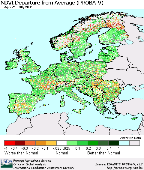 Europe NDVI Departure from Average (PROBA-V) Thematic Map For 4/21/2019 - 4/30/2019