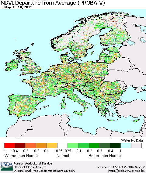 Europe NDVI Departure from Average (PROBA-V) Thematic Map For 5/1/2019 - 5/10/2019