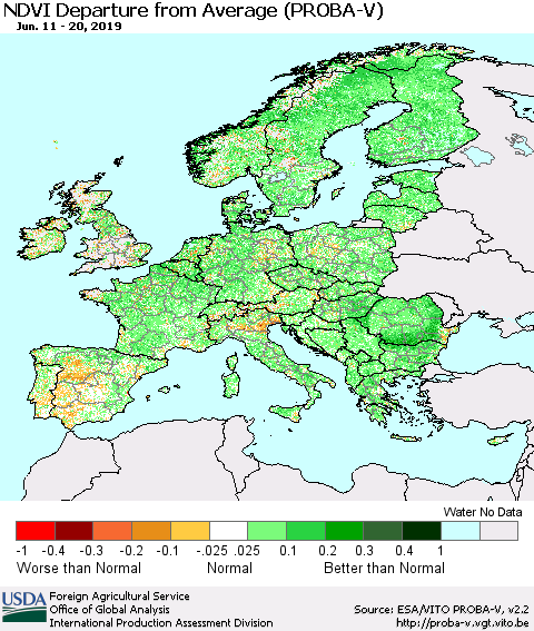 Europe NDVI Departure from Average (PROBA-V) Thematic Map For 6/11/2019 - 6/20/2019