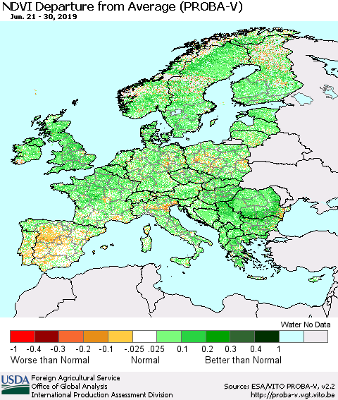 Europe NDVI Departure from Average (PROBA-V) Thematic Map For 6/21/2019 - 6/30/2019