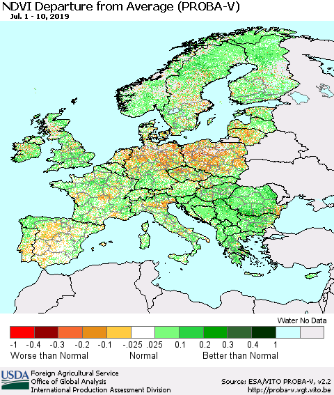 Europe NDVI Departure from Average (PROBA-V) Thematic Map For 7/1/2019 - 7/10/2019