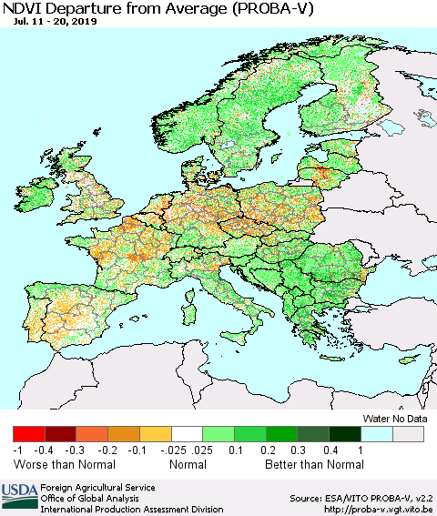 Europe NDVI Departure from Average (PROBA-V) Thematic Map For 7/11/2019 - 7/20/2019