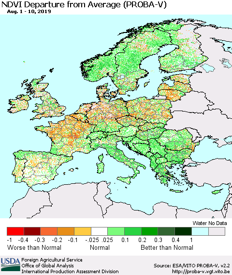 Europe NDVI Departure from Average (PROBA-V) Thematic Map For 8/1/2019 - 8/10/2019