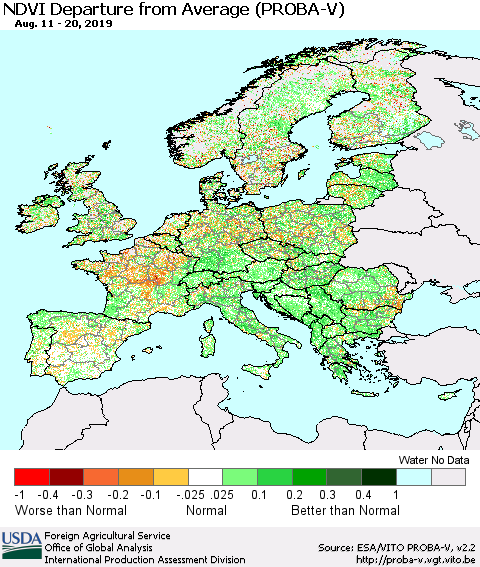 Europe NDVI Departure from Average (PROBA-V) Thematic Map For 8/11/2019 - 8/20/2019