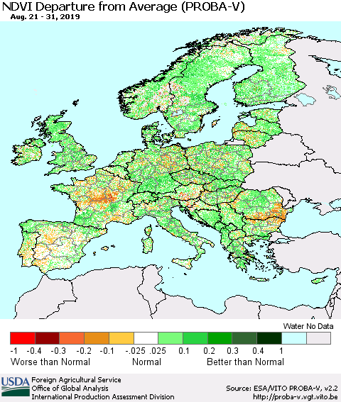 Europe NDVI Departure from Average (PROBA-V) Thematic Map For 8/21/2019 - 8/31/2019