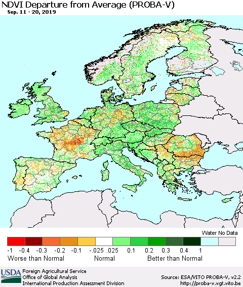 Europe NDVI Departure from Average (PROBA-V) Thematic Map For 9/11/2019 - 9/20/2019