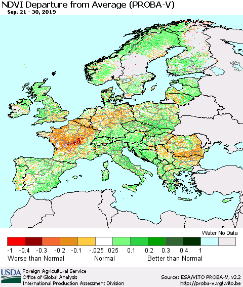 Europe NDVI Departure from Average (PROBA-V) Thematic Map For 9/21/2019 - 9/30/2019