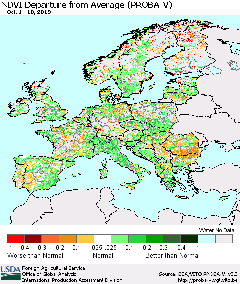 Europe NDVI Departure from Average (PROBA-V) Thematic Map For 10/1/2019 - 10/10/2019