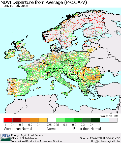 Europe NDVI Departure from Average (PROBA-V) Thematic Map For 10/11/2019 - 10/20/2019