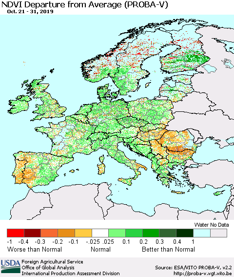 Europe NDVI Departure from Average (PROBA-V) Thematic Map For 10/21/2019 - 10/31/2019