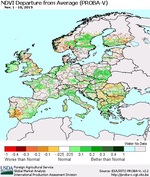 Europe NDVI Departure from Average (PROBA-V) Thematic Map For 11/1/2019 - 11/10/2019