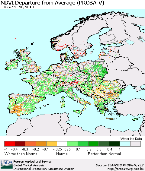 Europe NDVI Departure from Average (PROBA-V) Thematic Map For 11/11/2019 - 11/20/2019
