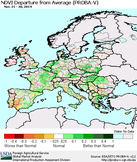 Europe NDVI Departure from Average (PROBA-V) Thematic Map For 11/21/2019 - 11/30/2019