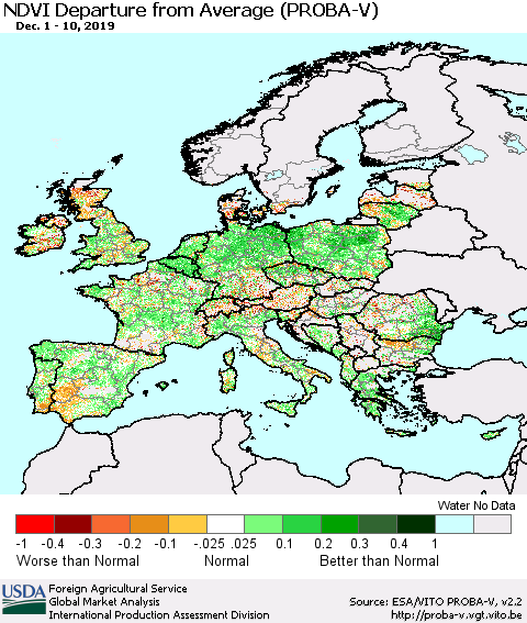 Europe NDVI Departure from Average (PROBA-V) Thematic Map For 12/1/2019 - 12/10/2019