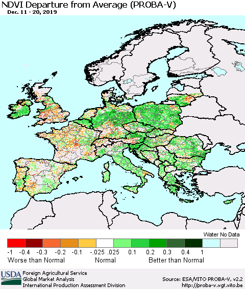 Europe NDVI Departure from Average (PROBA-V) Thematic Map For 12/11/2019 - 12/20/2019