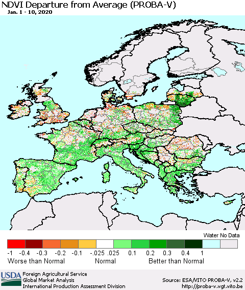 Europe NDVI Departure from Average (PROBA-V) Thematic Map For 1/1/2020 - 1/10/2020