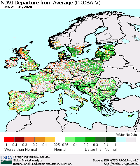 Europe NDVI Departure from Average (PROBA-V) Thematic Map For 1/21/2020 - 1/31/2020