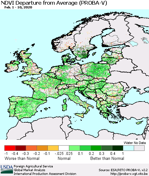 Europe NDVI Departure from Average (PROBA-V) Thematic Map For 2/1/2020 - 2/10/2020