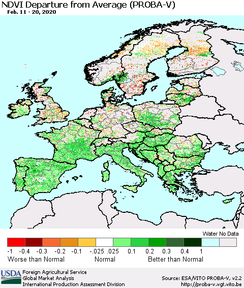 Europe NDVI Departure from Average (PROBA-V) Thematic Map For 2/11/2020 - 2/20/2020
