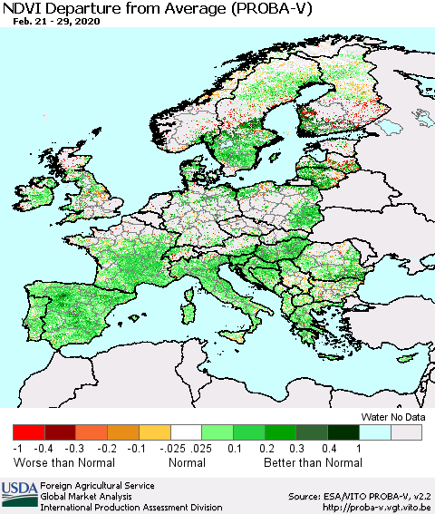 Europe NDVI Departure from Average (PROBA-V) Thematic Map For 2/21/2020 - 2/29/2020