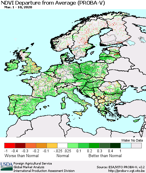 Europe NDVI Departure from Average (PROBA-V) Thematic Map For 3/1/2020 - 3/10/2020