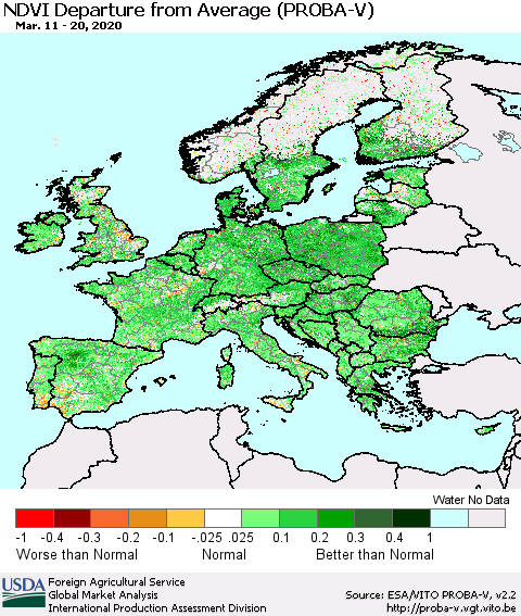 Europe NDVI Departure from Average (PROBA-V) Thematic Map For 3/11/2020 - 3/20/2020