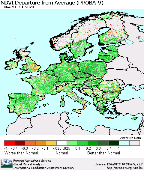 Europe NDVI Departure from Average (PROBA-V) Thematic Map For 3/21/2020 - 3/31/2020