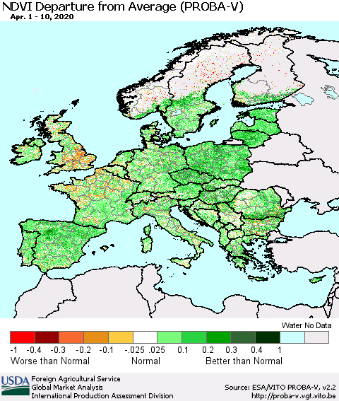Europe NDVI Departure from Average (PROBA-V) Thematic Map For 4/1/2020 - 4/10/2020