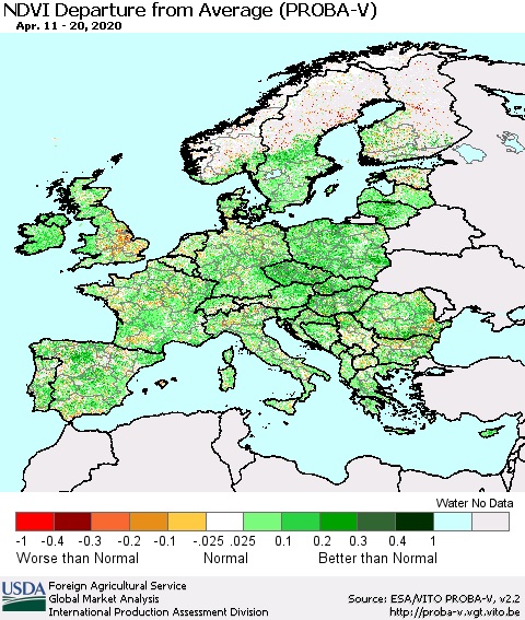Europe NDVI Departure from Average (PROBA-V) Thematic Map For 4/11/2020 - 4/20/2020