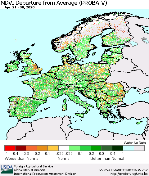 Europe NDVI Departure from Average (PROBA-V) Thematic Map For 4/21/2020 - 4/30/2020