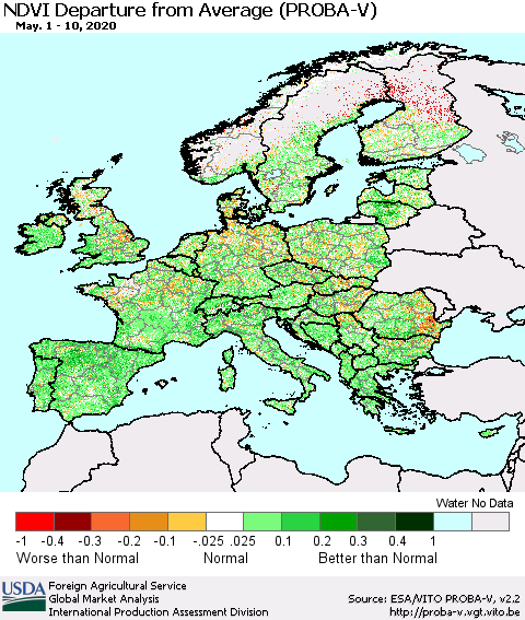 Europe NDVI Departure from Average (PROBA-V) Thematic Map For 5/1/2020 - 5/10/2020