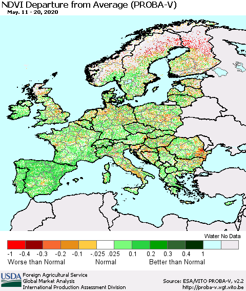 Europe NDVI Departure from Average (PROBA-V) Thematic Map For 5/11/2020 - 5/20/2020