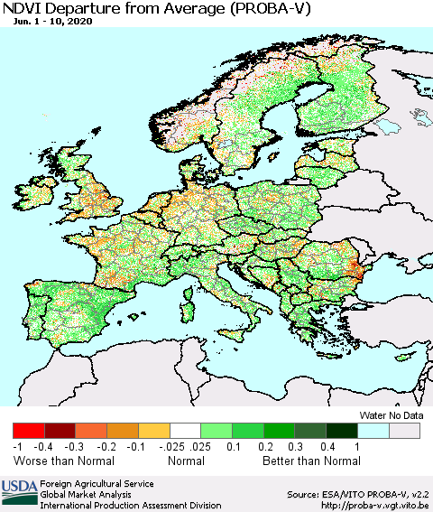 Europe NDVI Departure from Average (PROBA-V) Thematic Map For 6/1/2020 - 6/10/2020