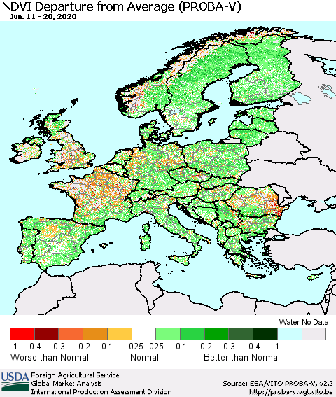 Europe NDVI Departure from Average (PROBA-V) Thematic Map For 6/11/2020 - 6/20/2020