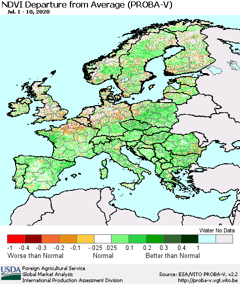 Europe NDVI Departure from Average (PROBA-V) Thematic Map For 7/1/2020 - 7/10/2020