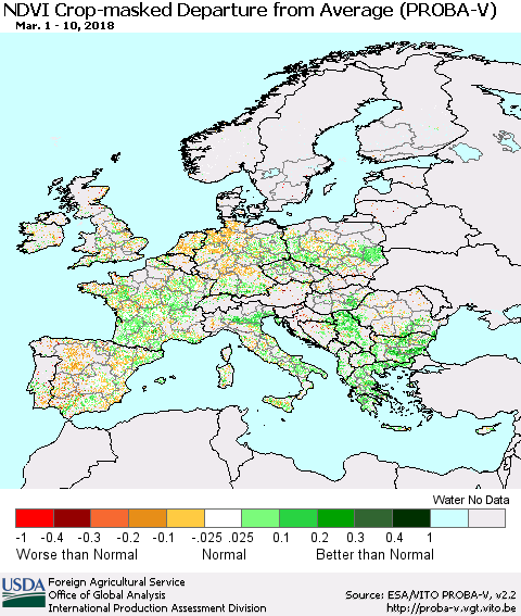 Europe NDVI Crop-masked Departure from Average (PROBA-V) Thematic Map For 3/1/2018 - 3/10/2018