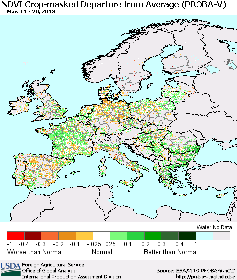 Europe NDVI Crop-masked Departure from Average (PROBA-V) Thematic Map For 3/11/2018 - 3/20/2018