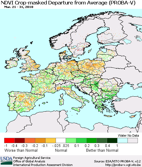 Europe NDVI Crop-masked Departure from Average (PROBA-V) Thematic Map For 3/21/2018 - 3/31/2018