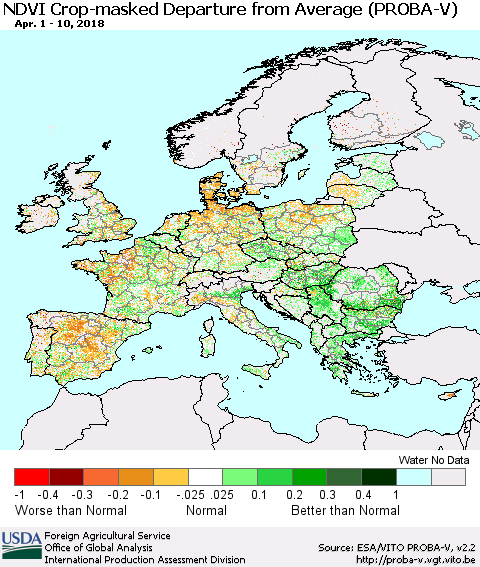 Europe NDVI Crop-masked Departure from Average (PROBA-V) Thematic Map For 4/1/2018 - 4/10/2018