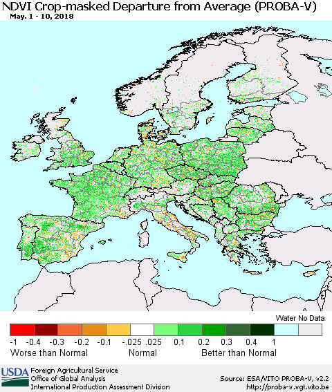 Europe NDVI Crop-masked Departure from Average (PROBA-V) Thematic Map For 5/1/2018 - 5/10/2018