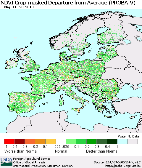 Europe NDVI Crop-masked Departure from Average (PROBA-V) Thematic Map For 5/11/2018 - 5/20/2018