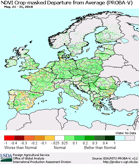 Europe NDVI Crop-masked Departure from Average (PROBA-V) Thematic Map For 5/21/2018 - 5/31/2018