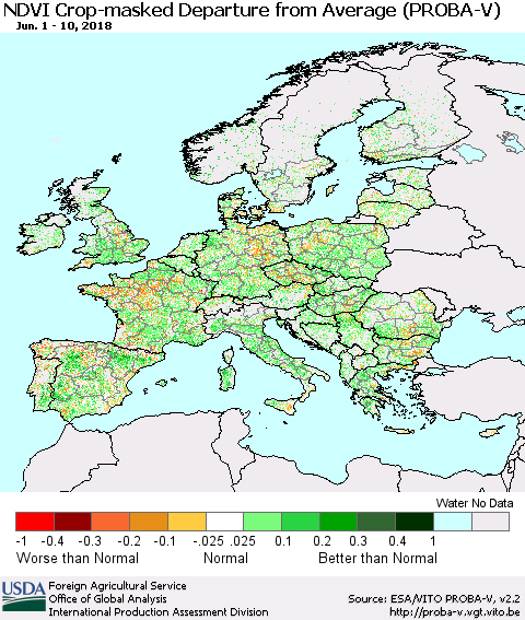 Europe NDVI Crop-masked Departure from Average (PROBA-V) Thematic Map For 6/1/2018 - 6/10/2018