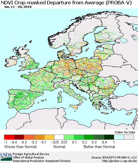 Europe NDVI Crop-masked Departure from Average (PROBA-V) Thematic Map For 6/11/2018 - 6/20/2018