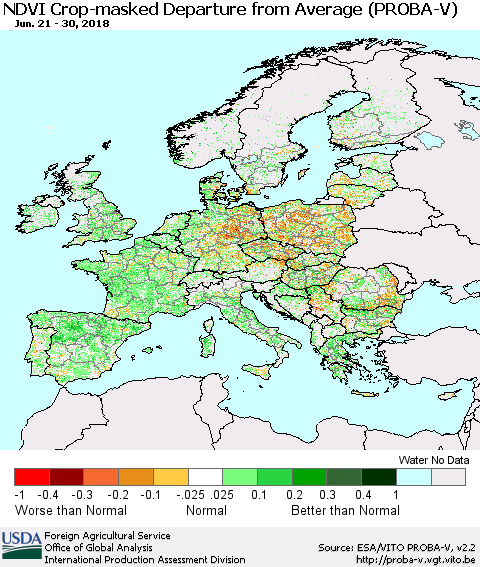 Europe NDVI Crop-masked Departure from Average (PROBA-V) Thematic Map For 6/21/2018 - 6/30/2018